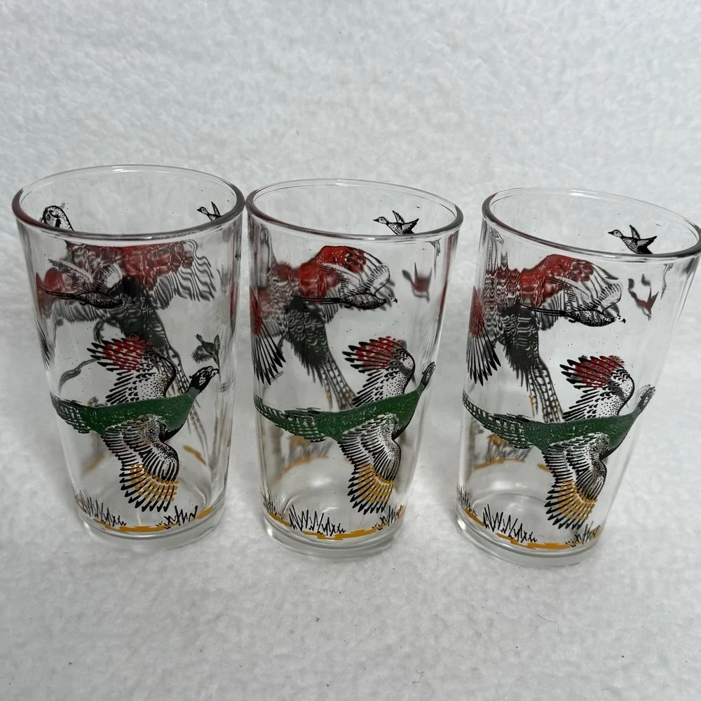 Vtg Hazel Atlas Pheasant Drinking 6 Glasses Tumblers  Shot Tumbler Red Gold 5